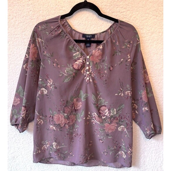 Chaps Purple Mauve‎ Pink Floral Semi-Sheer 3/4 Sleeve Vneck Top Blouse Large - Picture 1 of 10